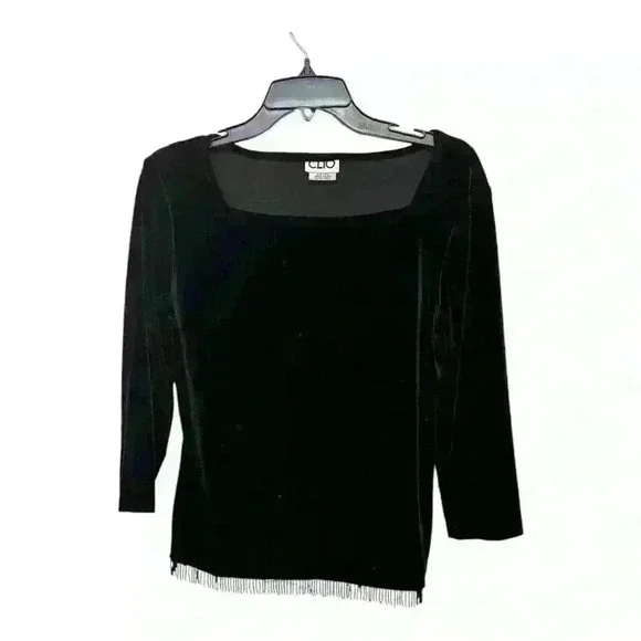 Vintage Clio Black Velvet Beaded Fringe Top, M - Picture 3 of 5
